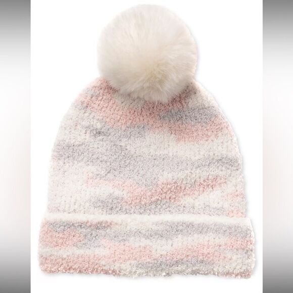 Jenni Fuzzy Jacquard Pom Pom Beanie in Animal Print One Size blush grey NWT - Picture 3 of 5